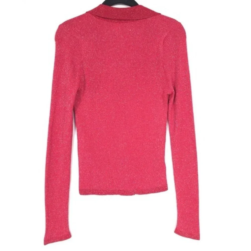 Maeve Anthropologie V-Neck Lurex Polo Sweater MEDIUM Shiny Metallic‎ Long Sleeve